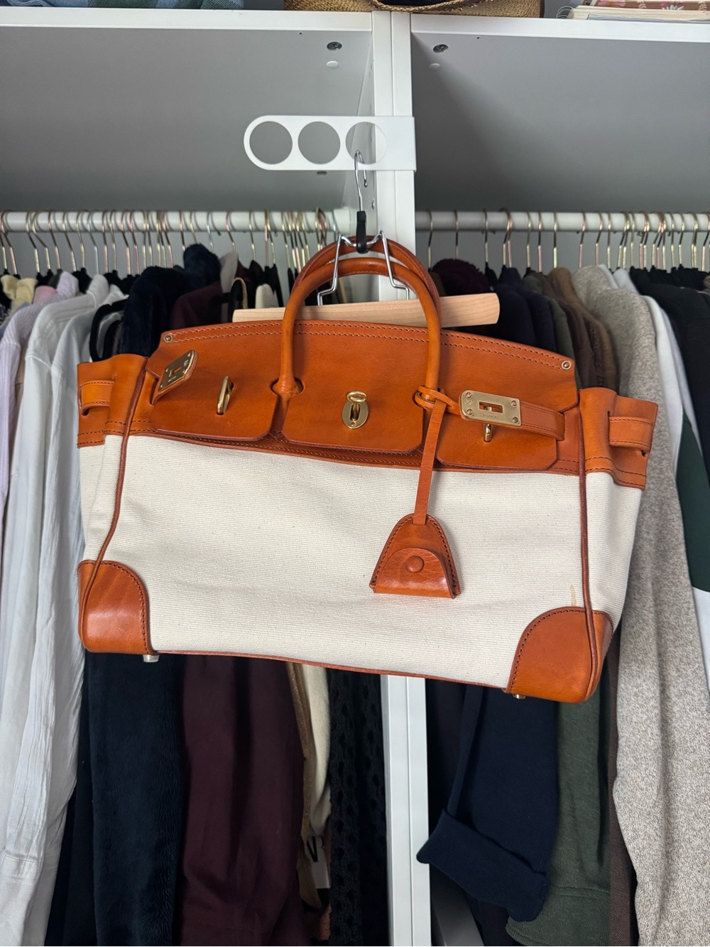 Atorie Half Work  Two-Tone Canvas and Leather Handbag